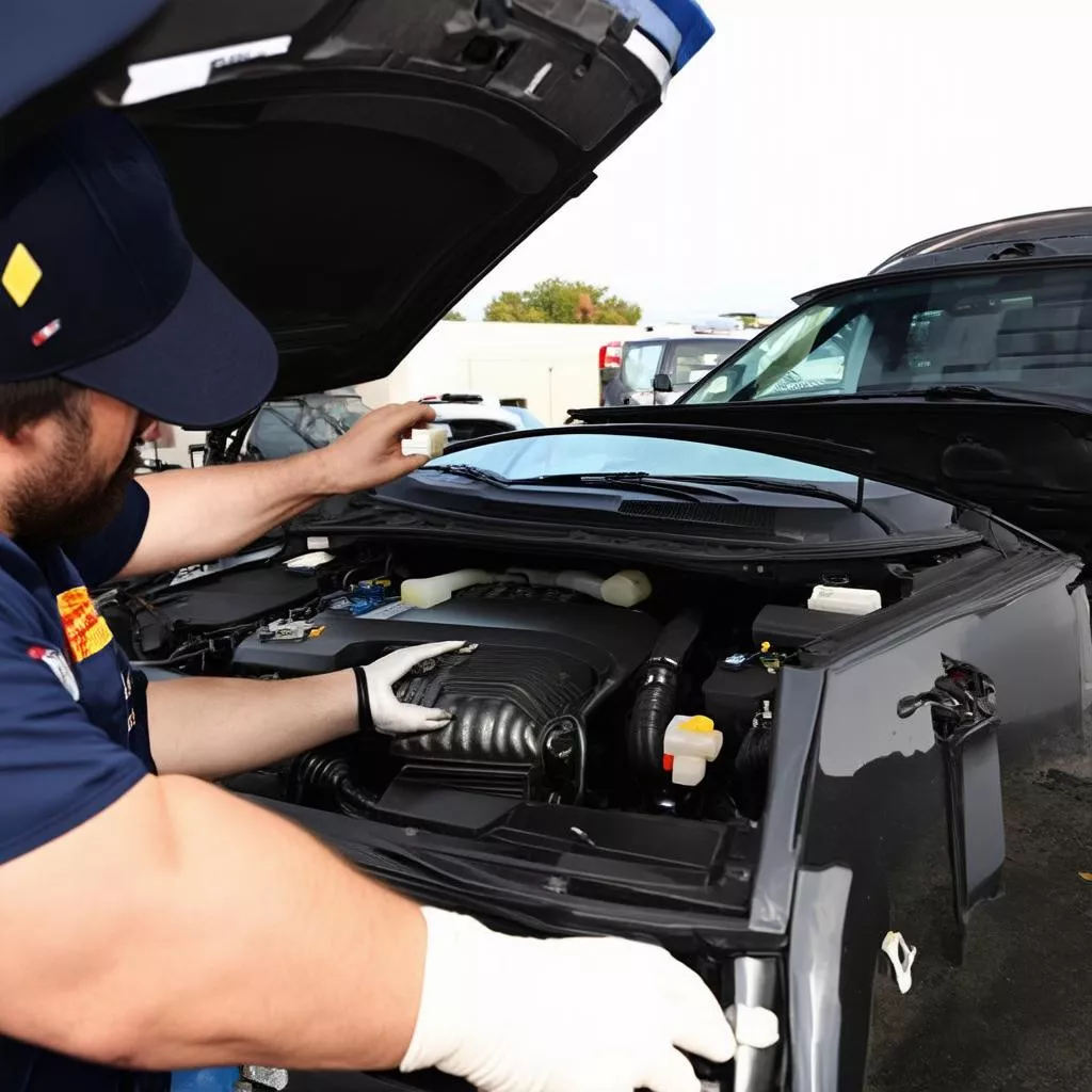 Kỹ thuật viên đang lắp đặt hộp đen ô tô