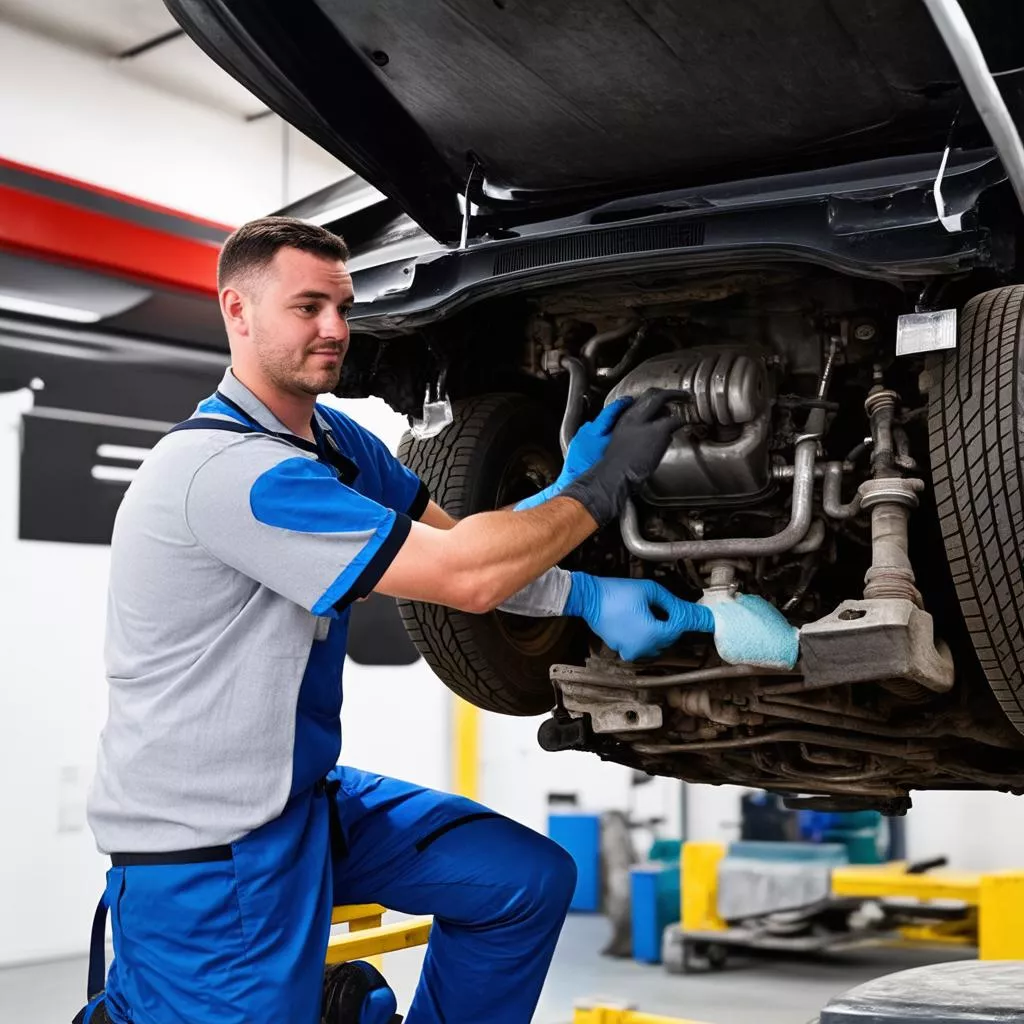 Technician cleaning the undercarriage of a car