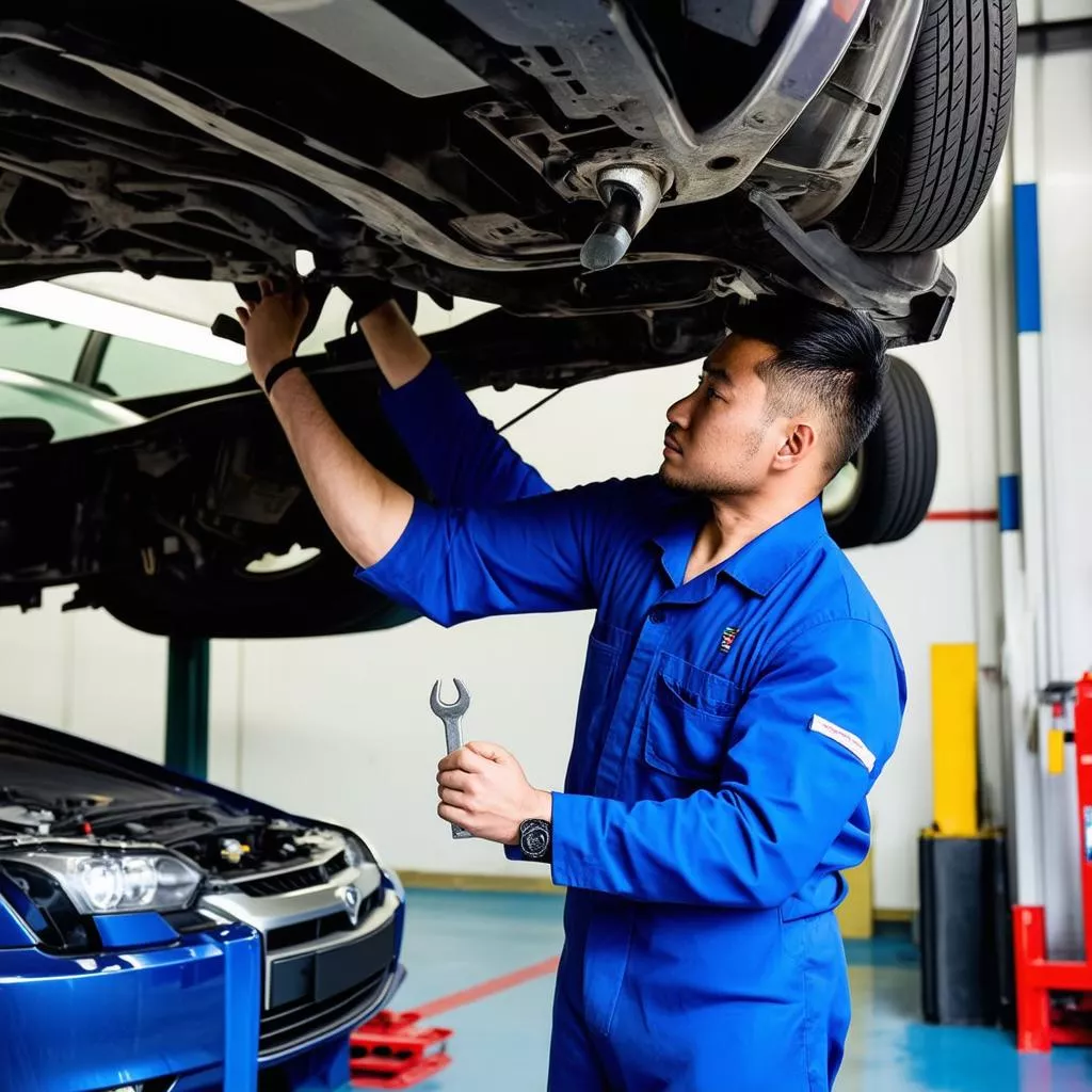 Technician repairing a car