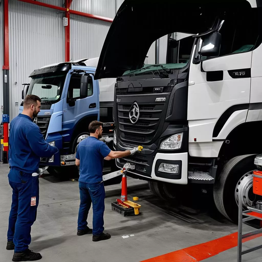 Technician repairing a truck engine