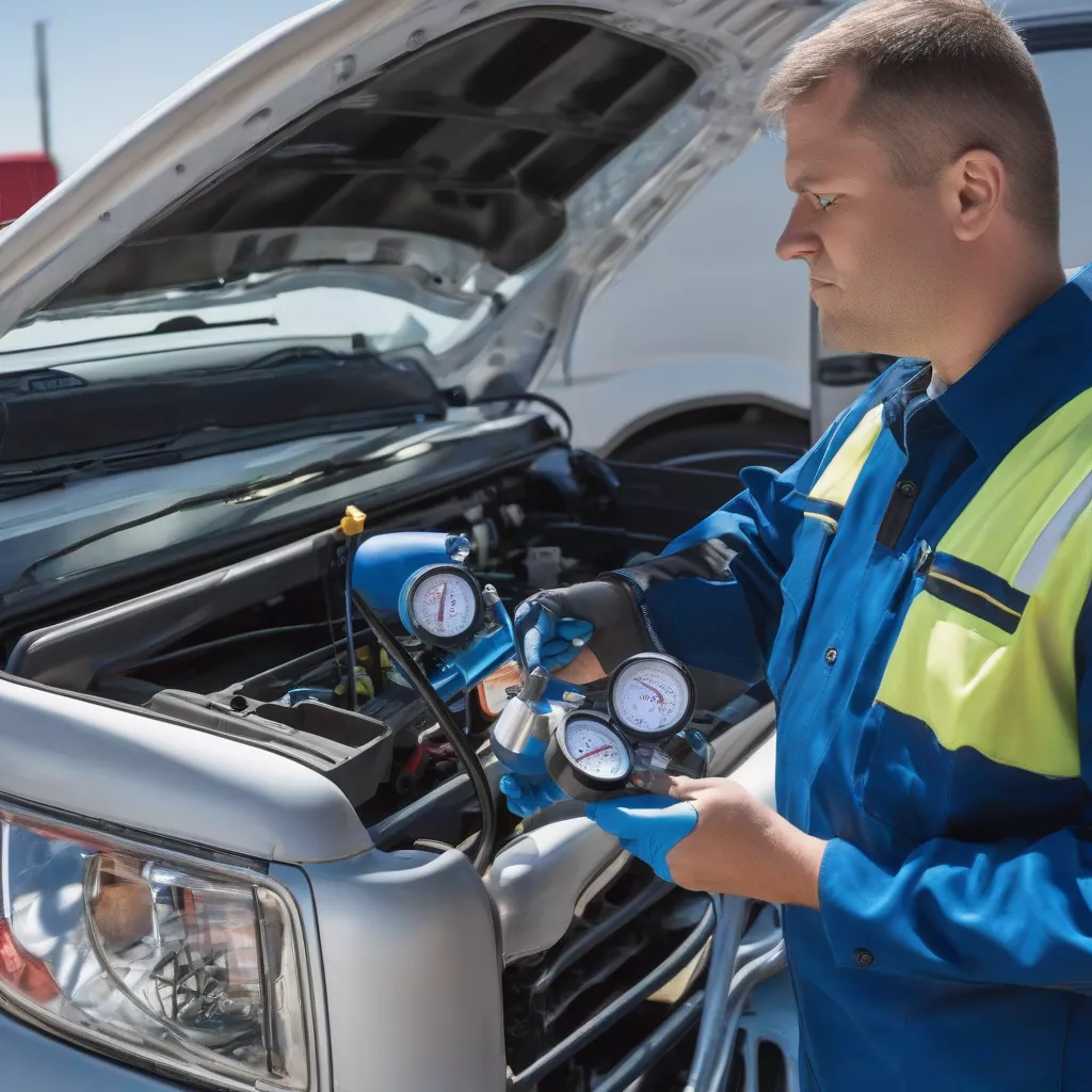 Kỹ thuật viên kiểm tra điều hòa ô tô