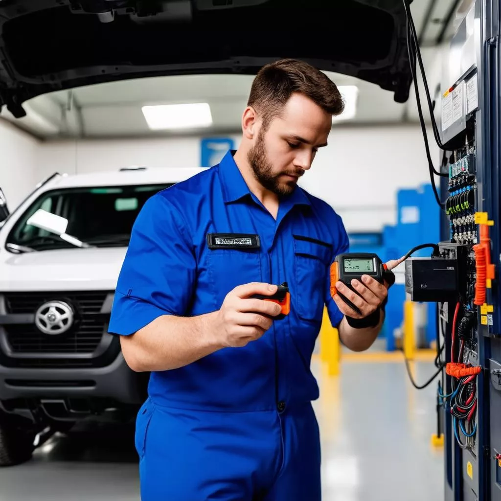 Kỹ thuật viên kiểm tra hệ thống điện xe tải