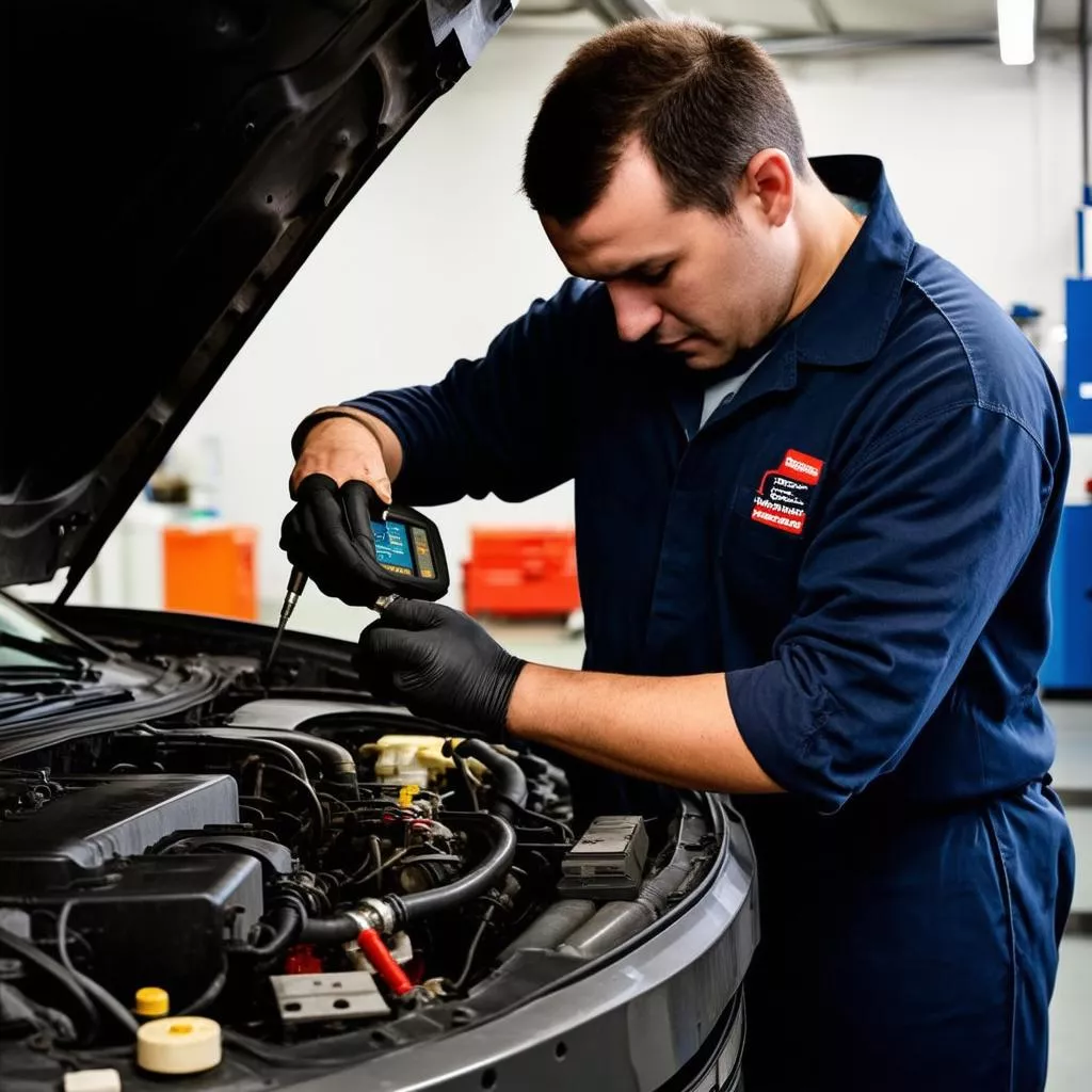 Automotive technician repairing a car engine