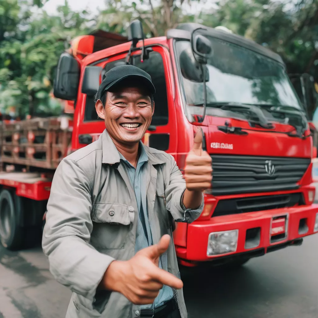 लाल ट्रक चलाते हुए