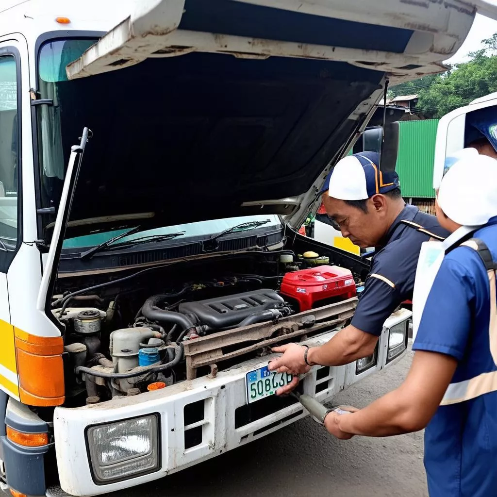 Người lái xe tải đang kiểm tra động cơ xe tải mang biển số Hà Nội