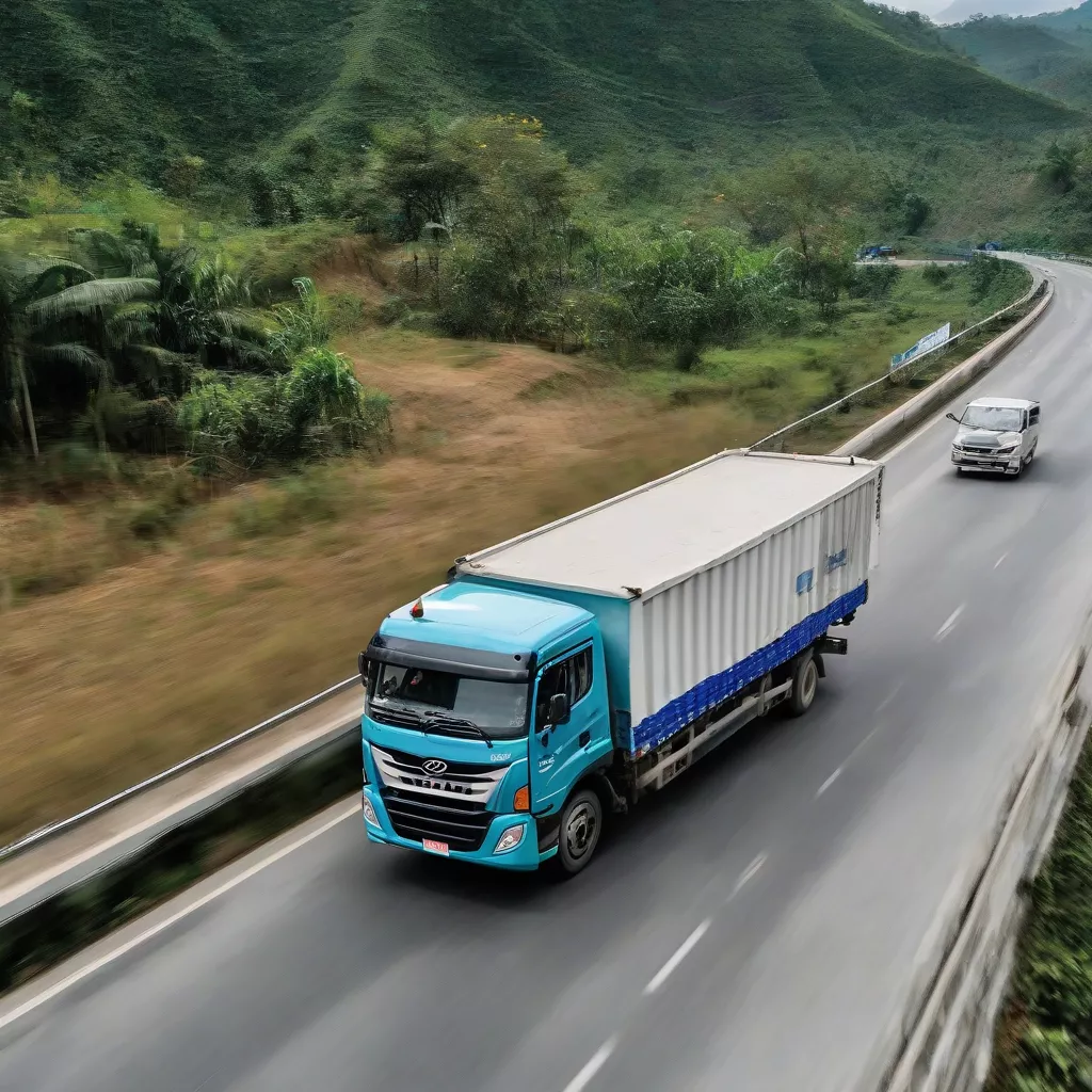Driving a Hyundai Quốc Việt truck on the highway