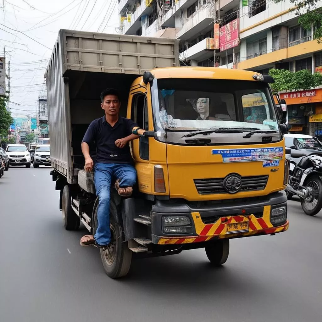 A conduzir um camião na rua Nguyễn Văn Linh