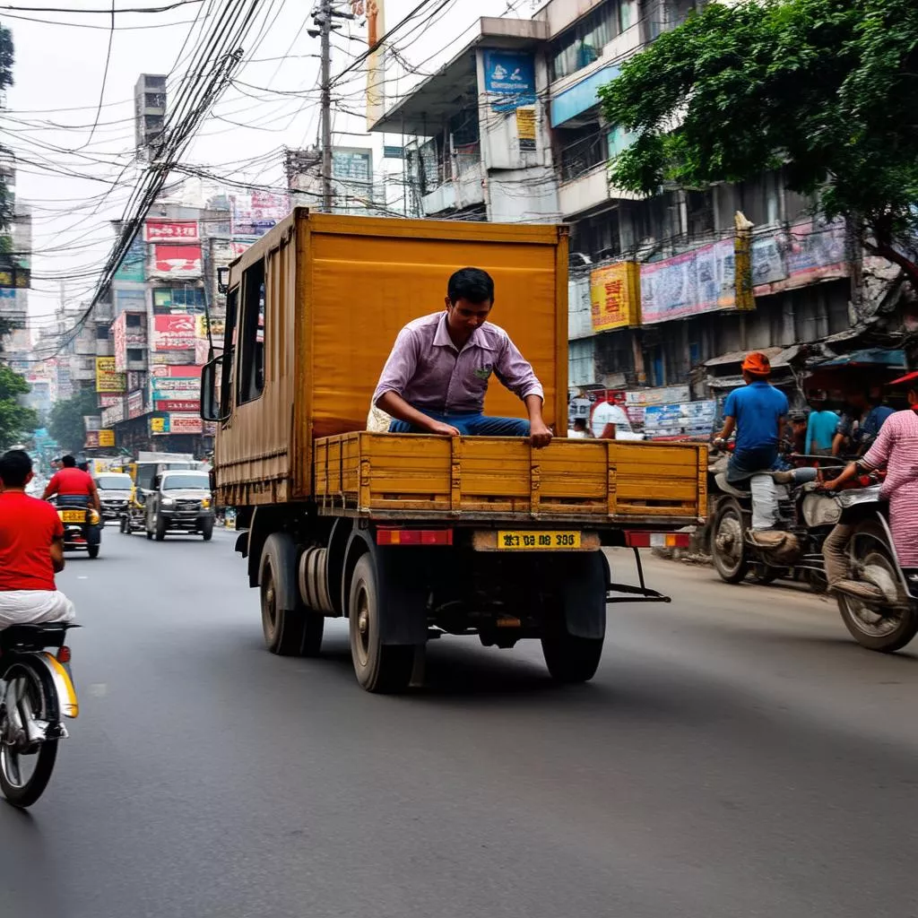 Driving a truck on the streets of Hanoi