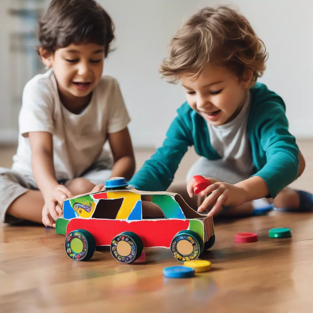 Anak bermain dengan mobil kardus