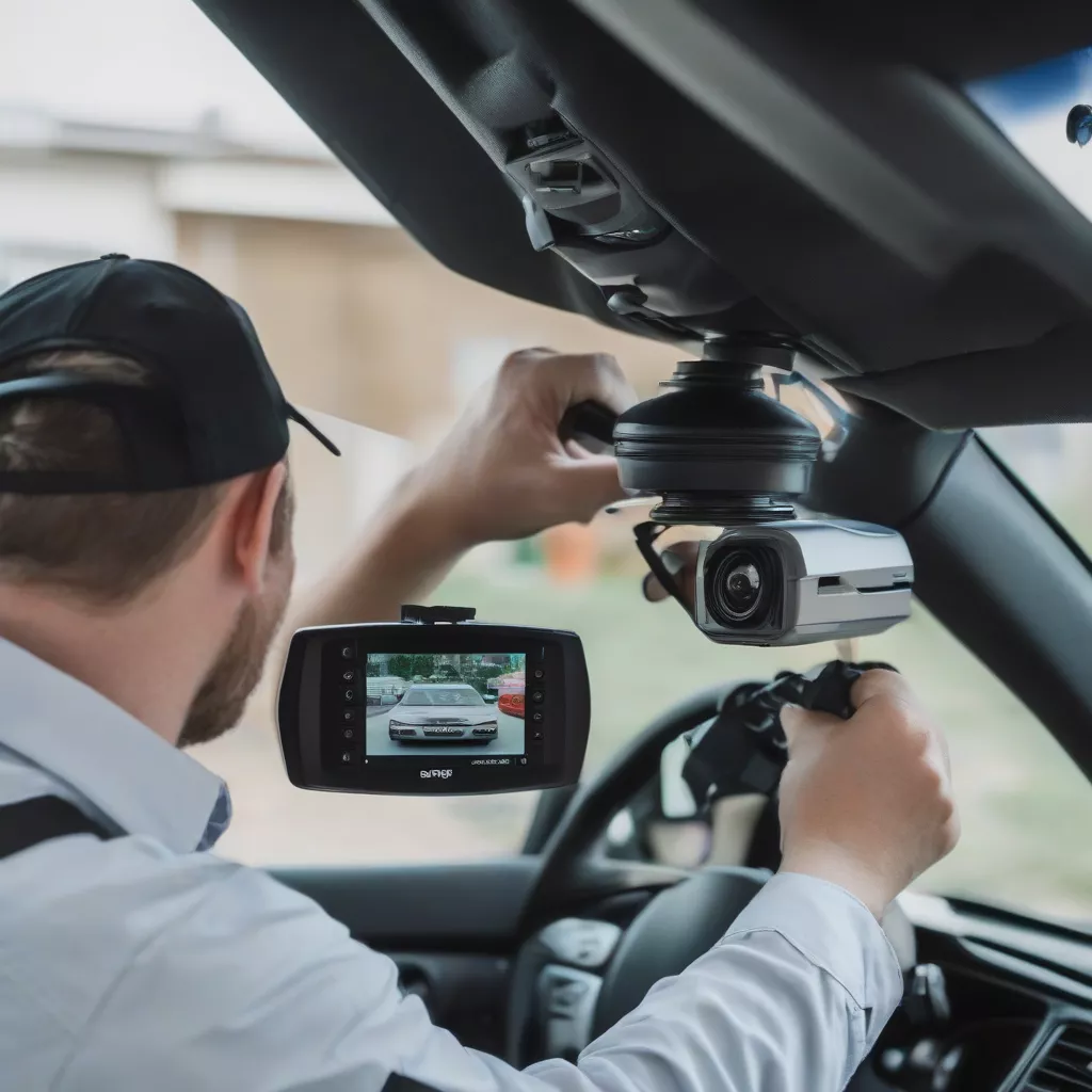 A technician installing a dash cam in a car