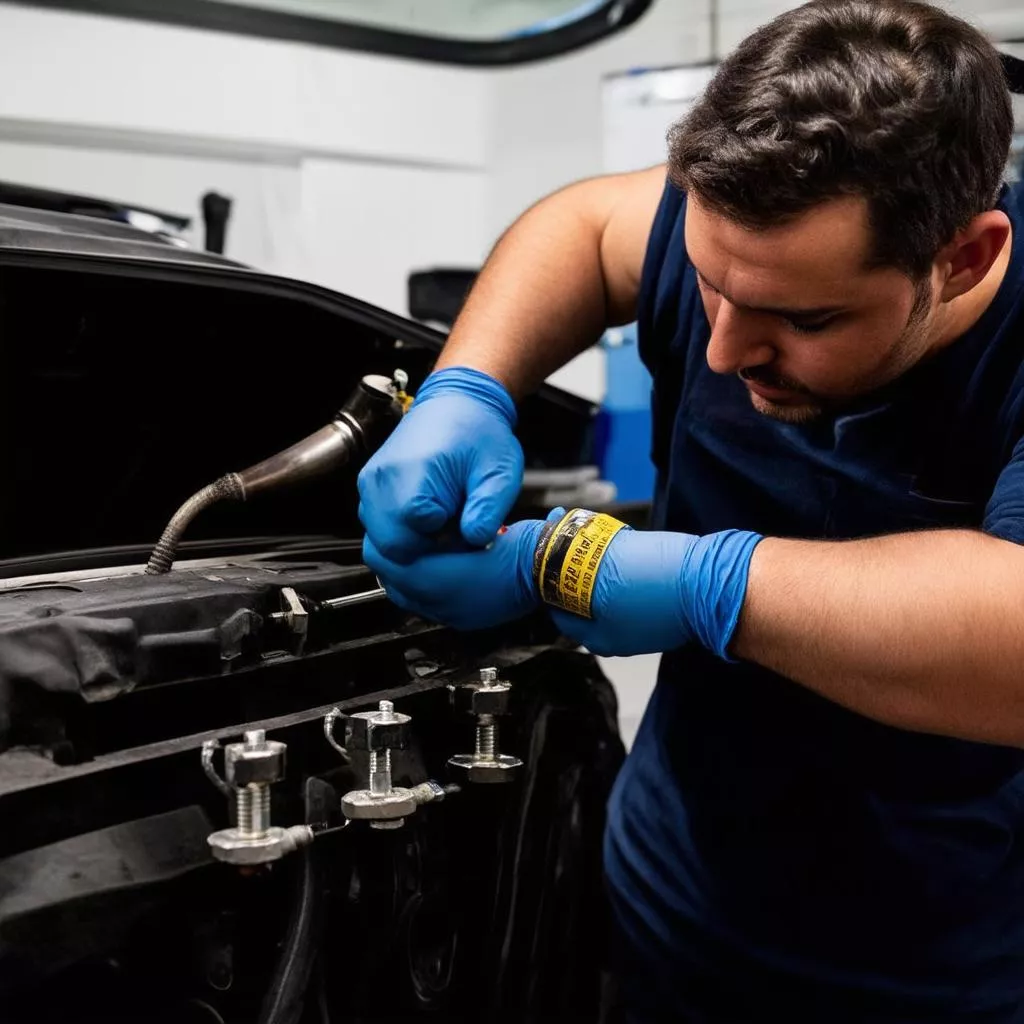 Kỹ thuật viên lắp đặt còi đĩa cho xe tải