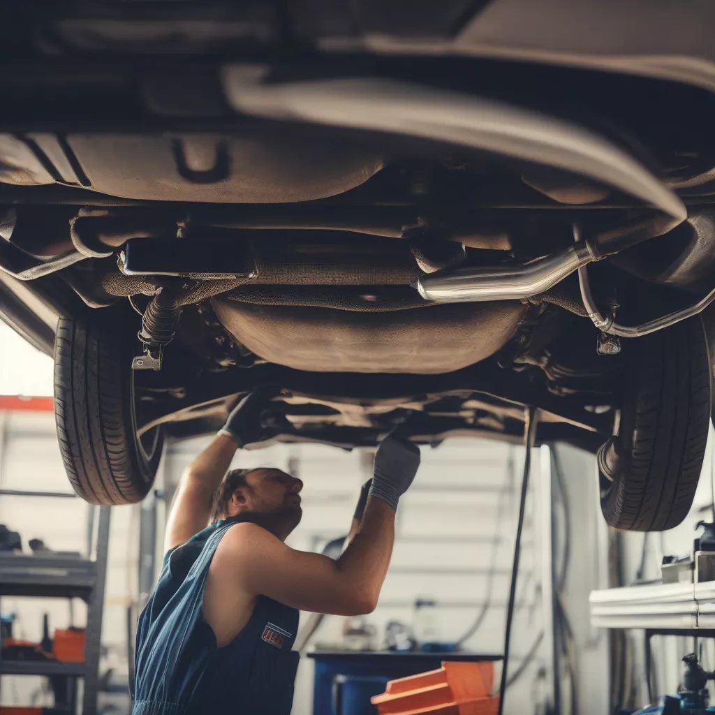 Performance exhaust system installation on a car