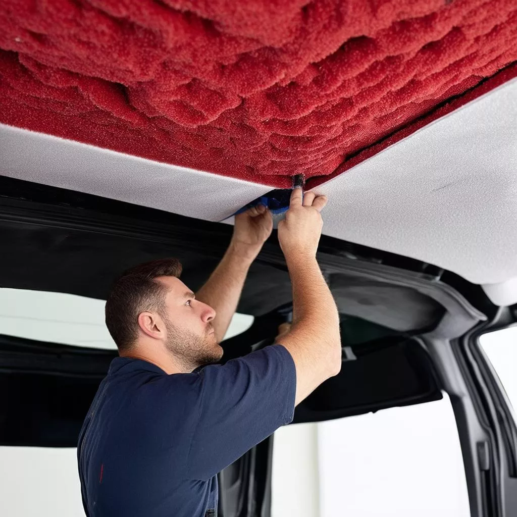 車のルーフに断熱材を設置する