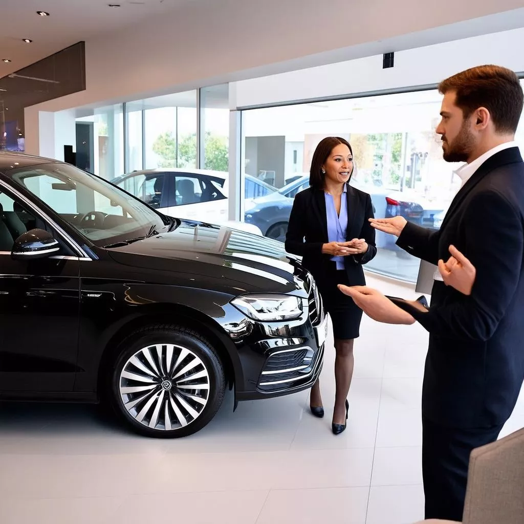 A truck showroom receptionist presents a truck to a customer