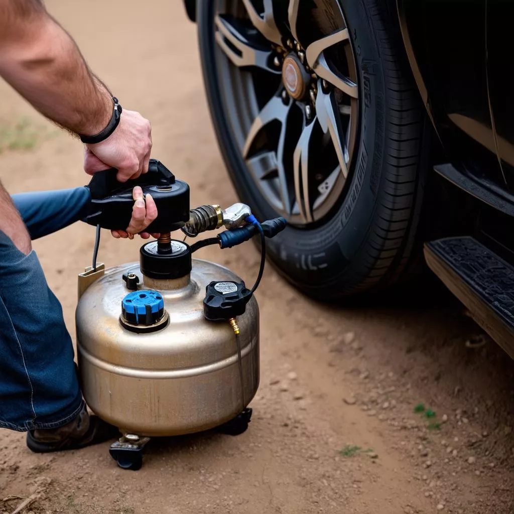 Car tire inflator in use