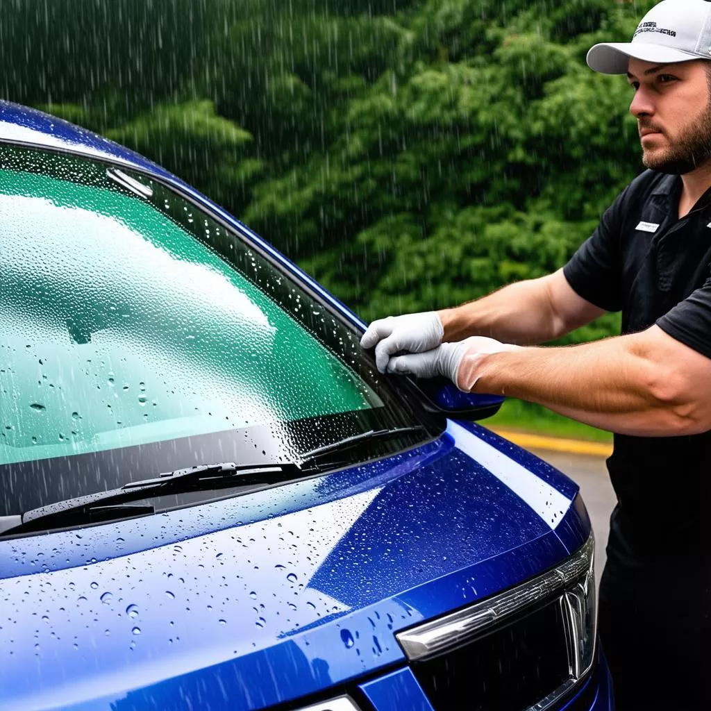 Close-up of water beading on car window with repellent film
