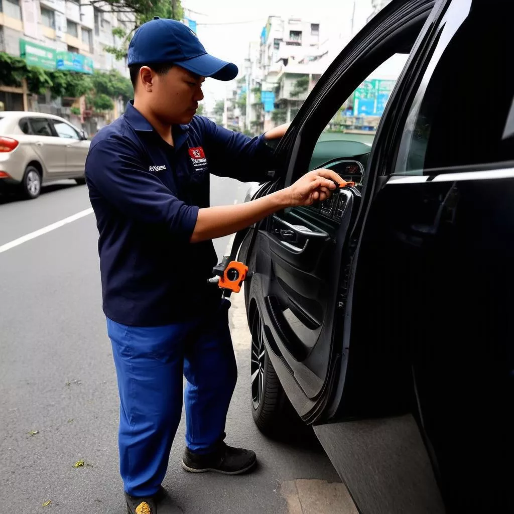 Mở cửa ô tô bị kẹt tại Hà Nội