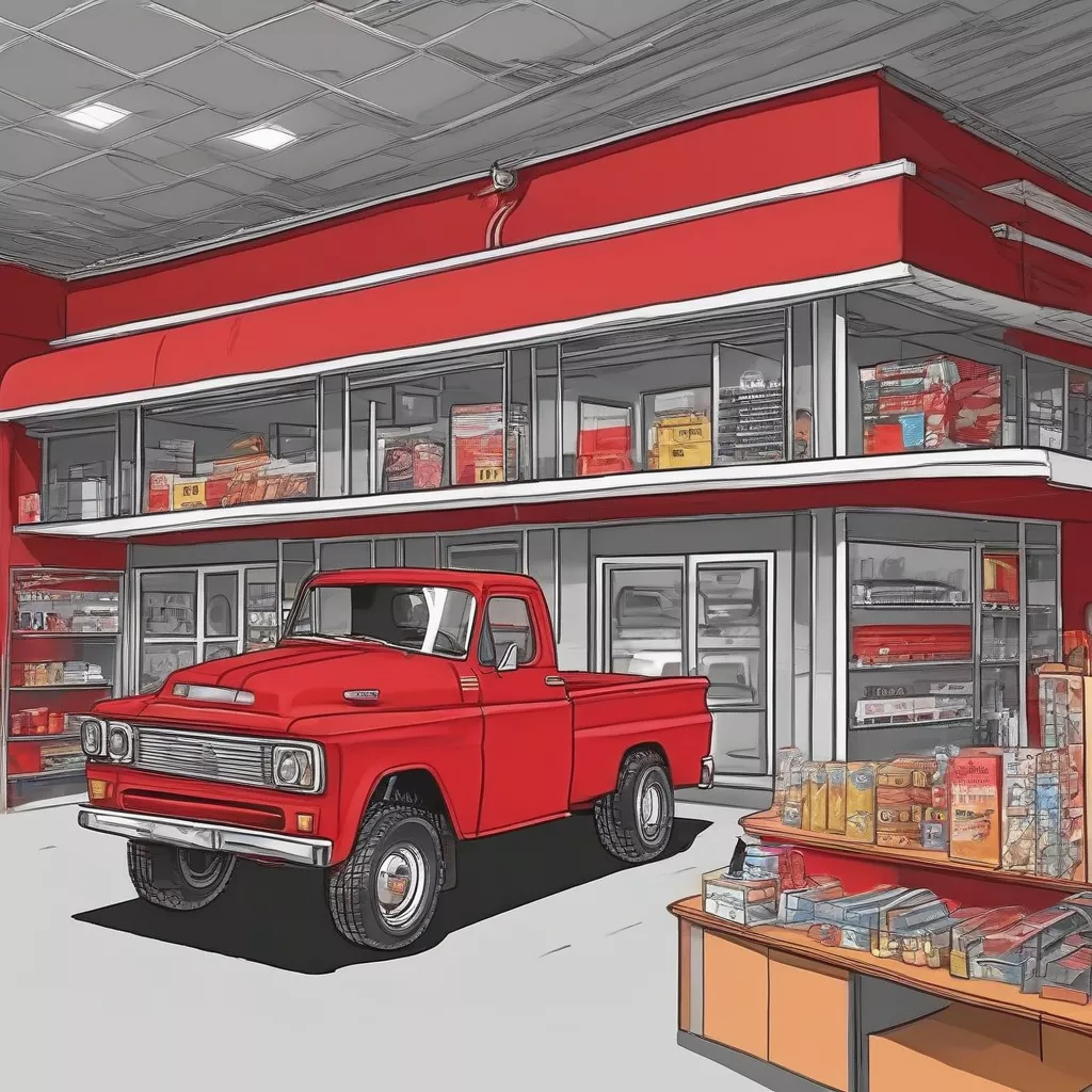 A new, eye-catching red truck parked in a showroom
