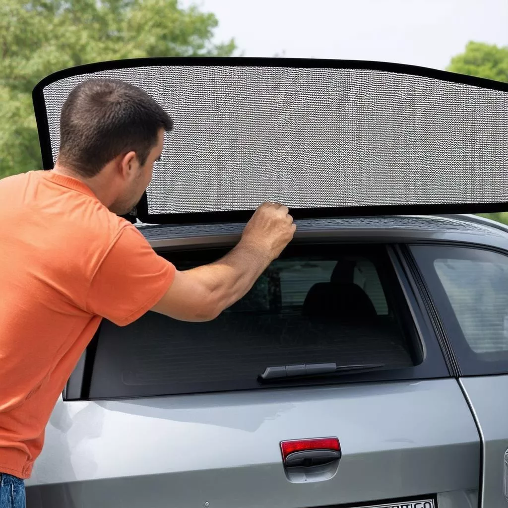A man installing a car sunshade