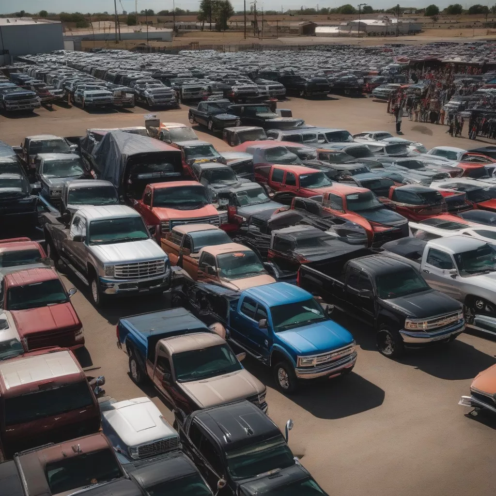 Truck buying and selling scene at a used vehicle market