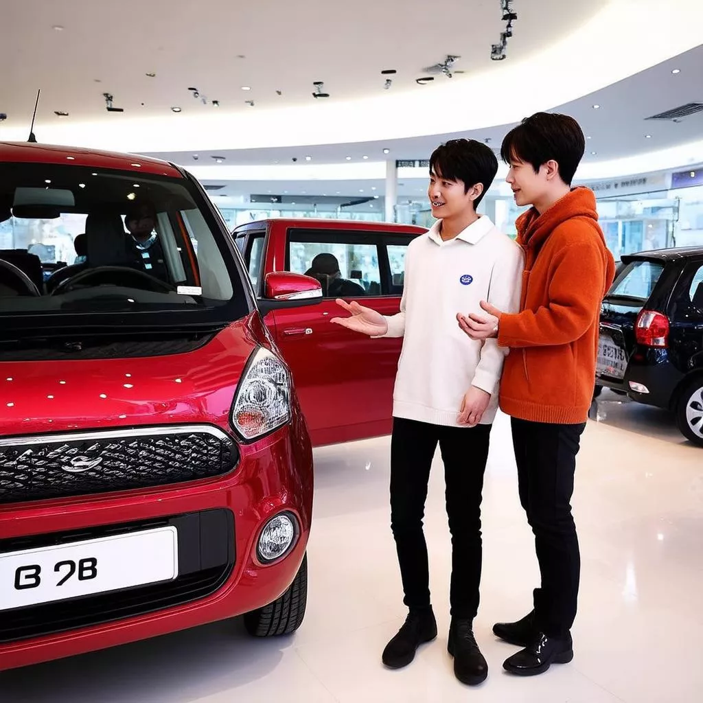 Young couple looking at a Chinese mini car
