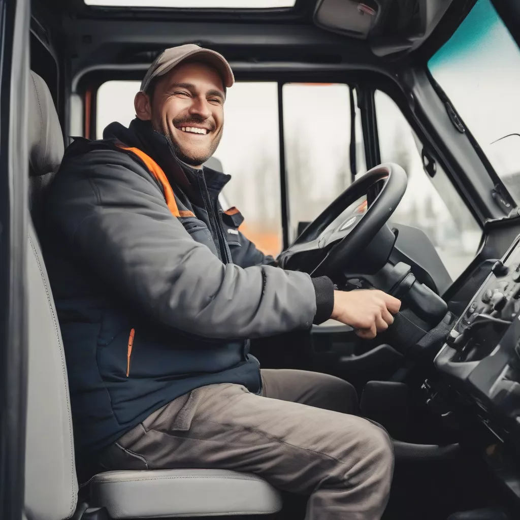 A truck driver smiling comfortably in his truck with heated seats