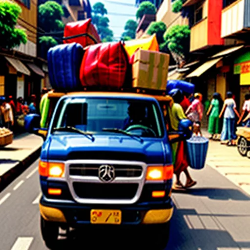 People transporting goods using a mini truck on the street