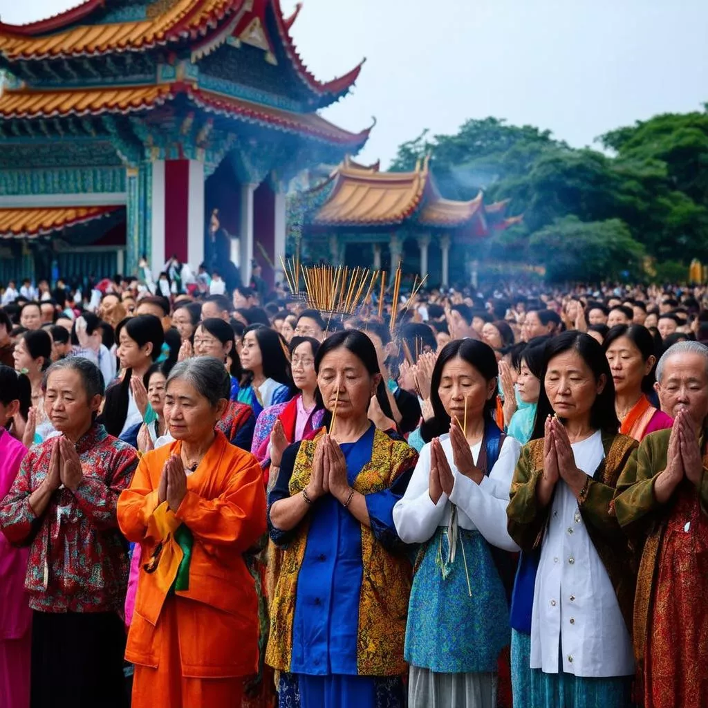 People praying for good luck at a temple