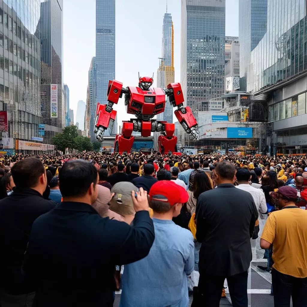 人们观看卡车变形为机器人的场景