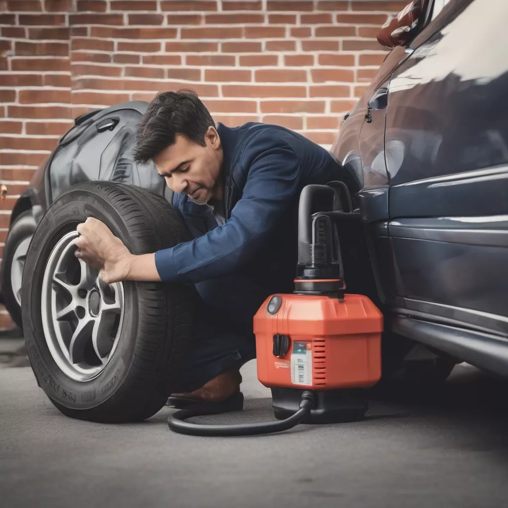 Man inflating a car tire