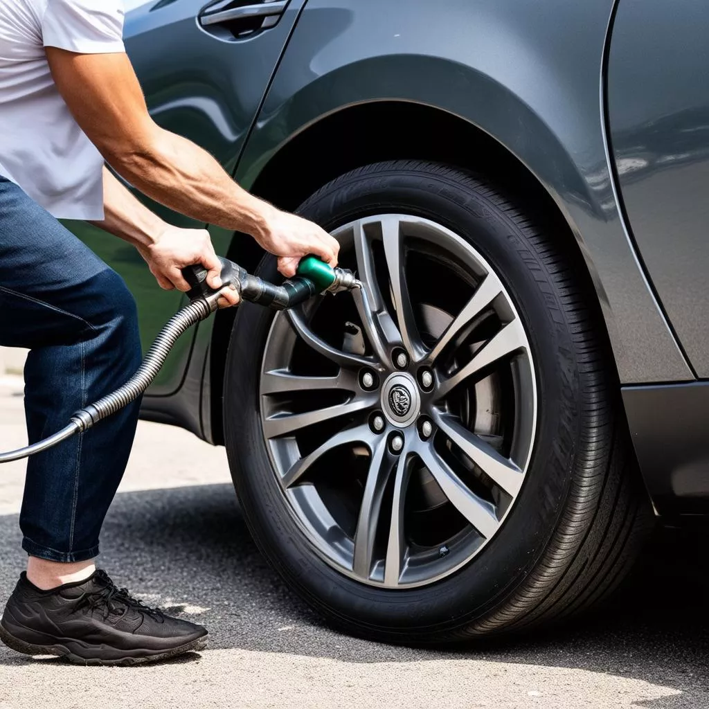 Người đàn ông đang bơm lốp ô tô