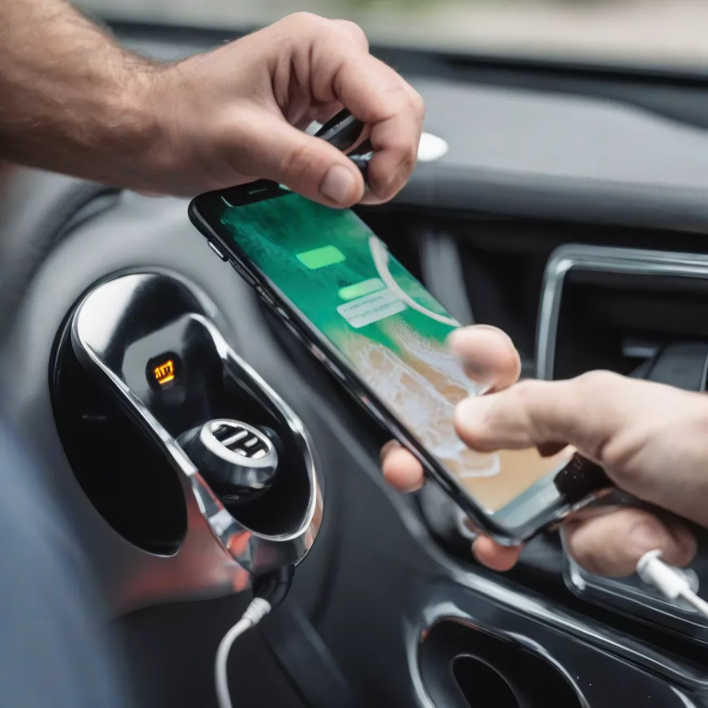 Người đàn ông đang cắm sạc điện thoại trên ô tô