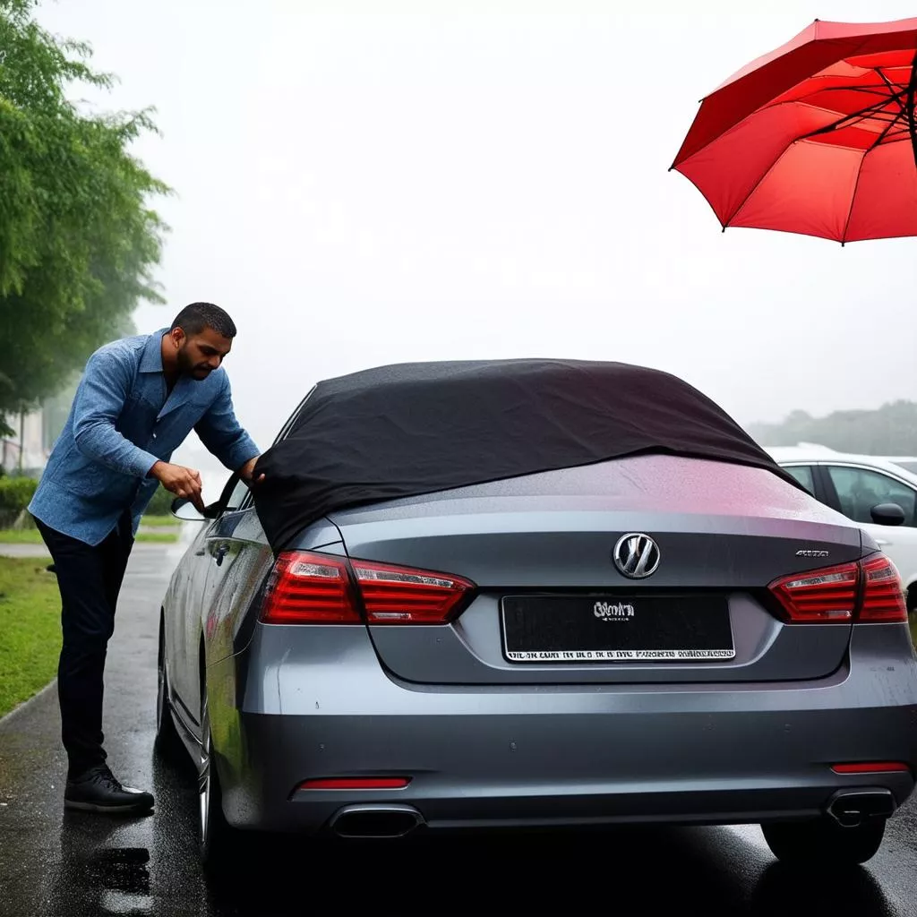 Pria Memasang Payung Mobil