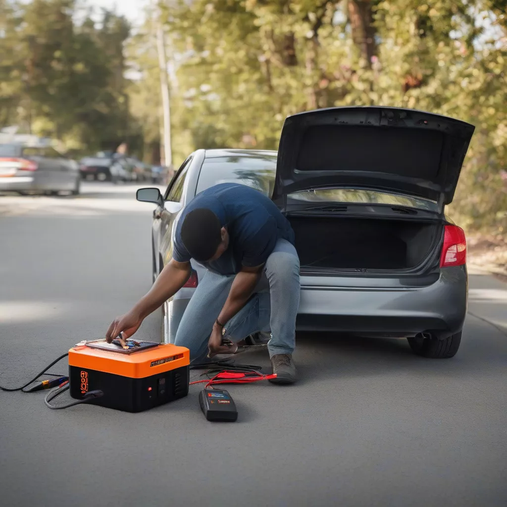 Man Using a Car Jump Starter Power Bank