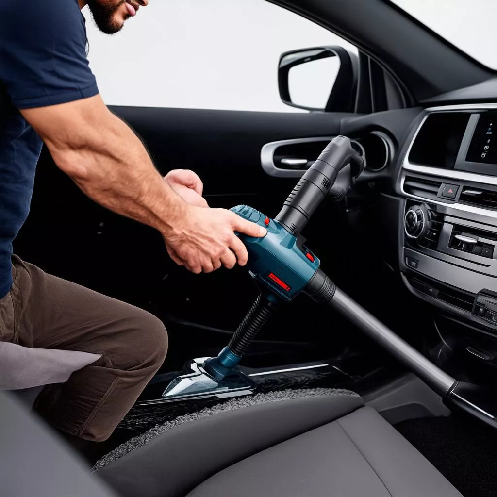 Người đàn ông đang hút bụi ô tô