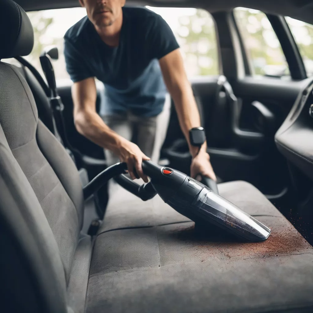 Man vacuuming his car interior