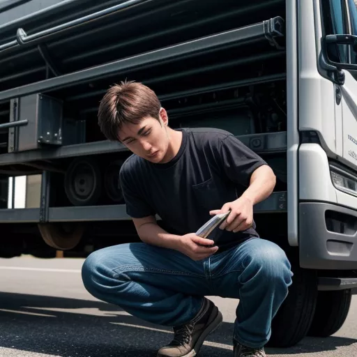 A man inspecting a truck engine