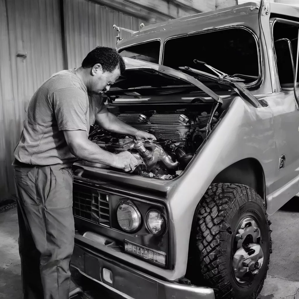 Người đàn ông đang kiểm tra động cơ xe tải