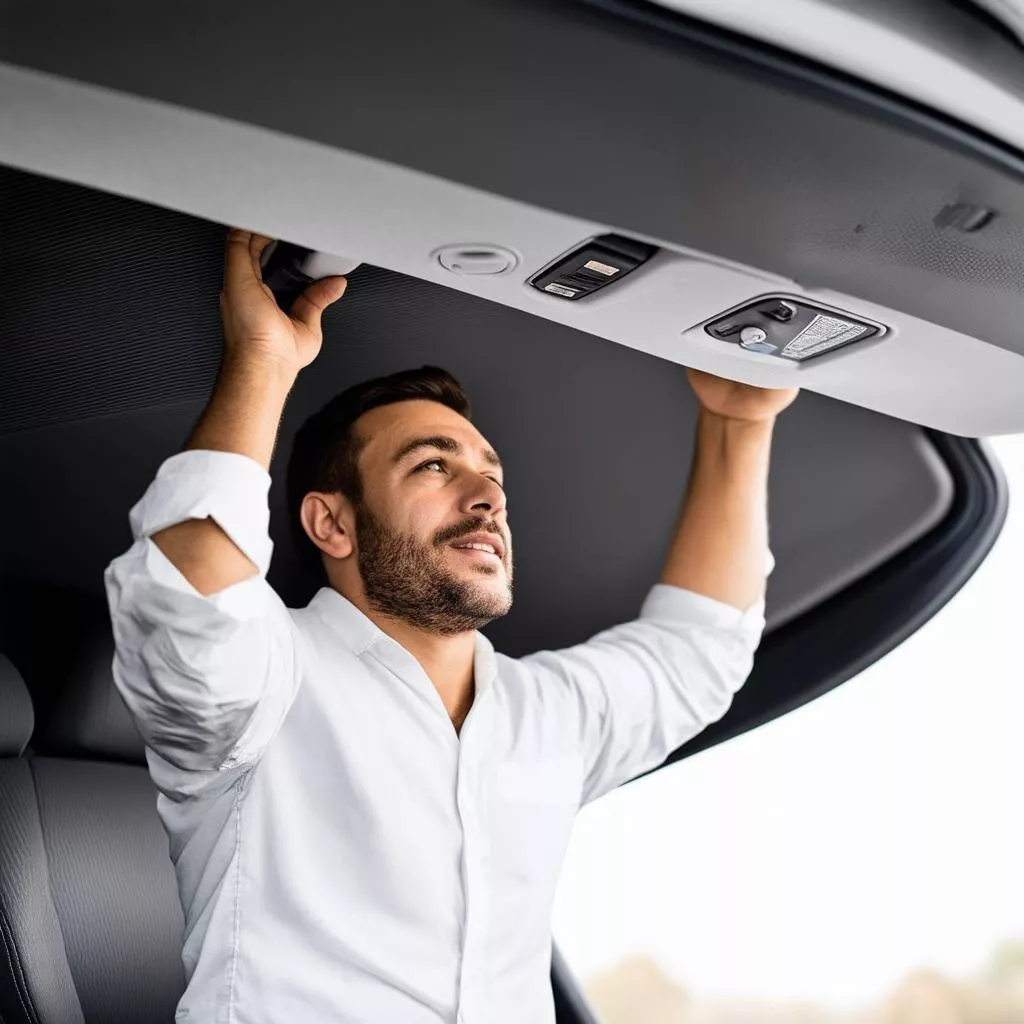 Người đàn ông đang kiểm tra trần ô tô