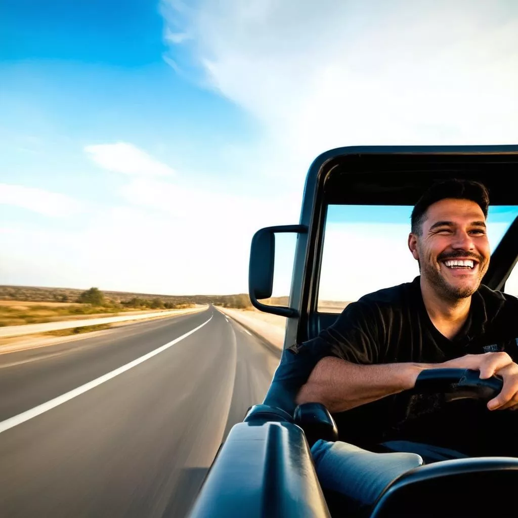 Người Đàn Ông Đang Lái Xe Tải Trên Đường Cao Tốc