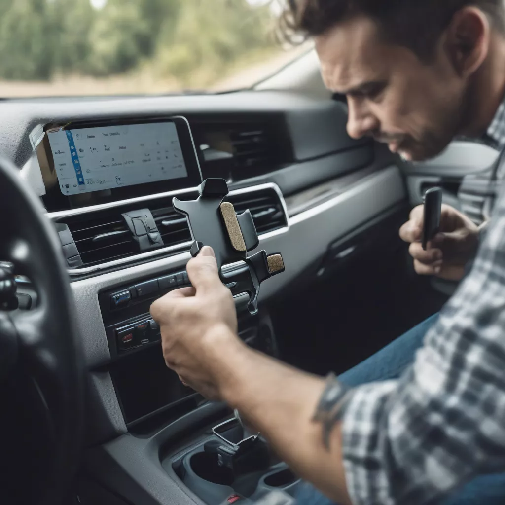 A man installing a car phone mount