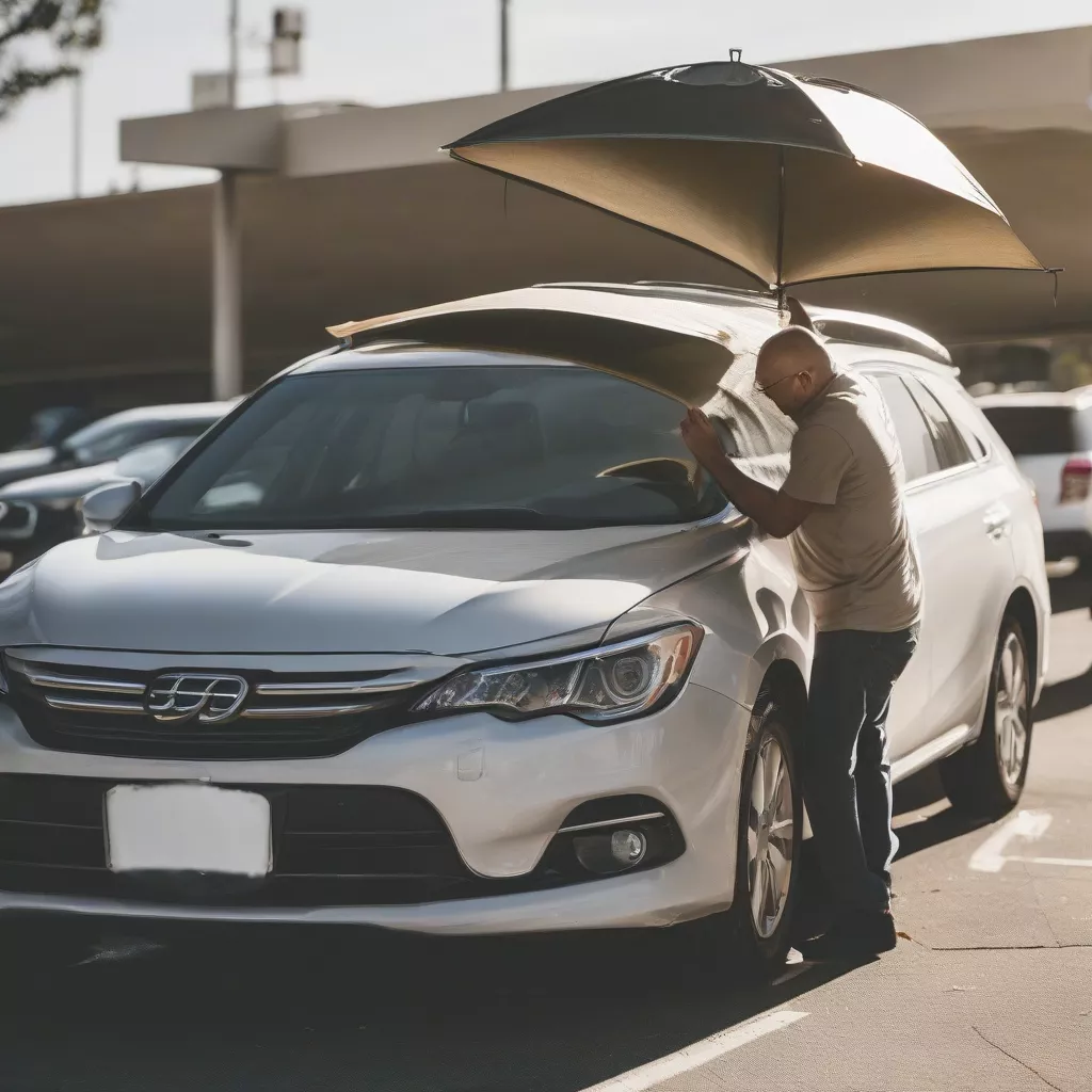 Người đàn ông đang lắp tấm chắn nắng cho ô tô