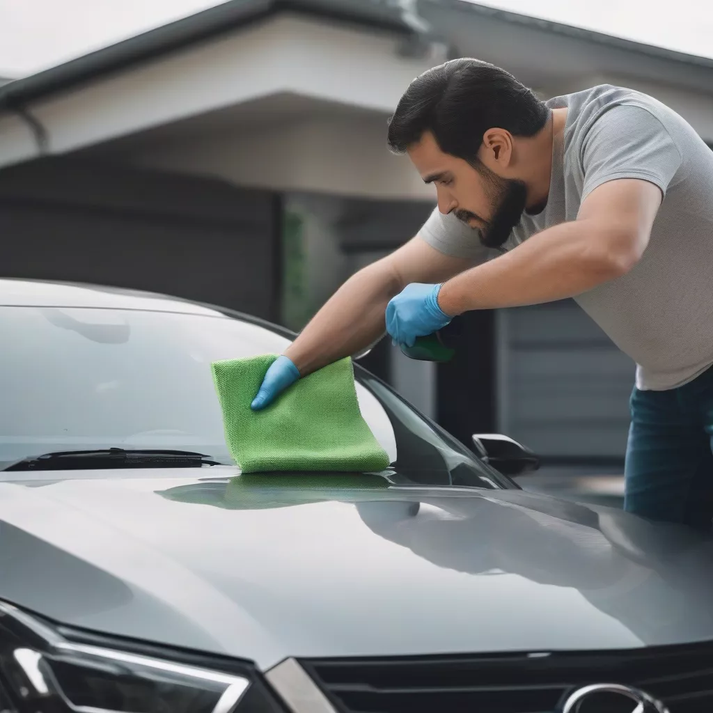 Người đàn ông đang lau kính ô tô