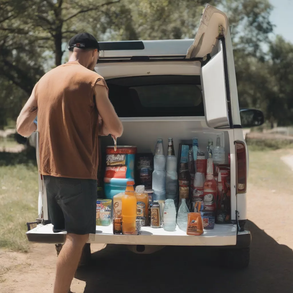 Man getting a drink from a mini fridge in a truck