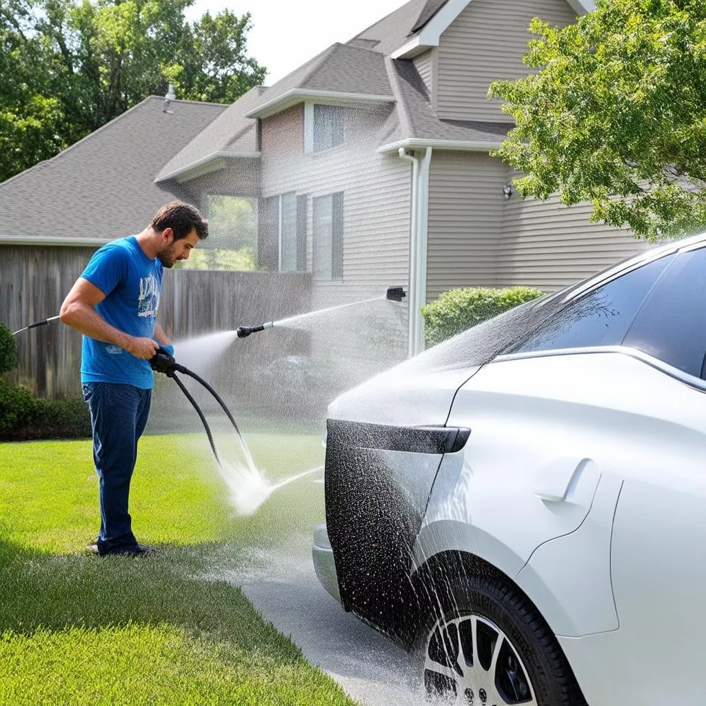 Người đàn ông đang rửa xe hơi bằng máy bơm rửa xe tại nhà