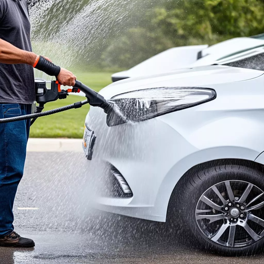 Man washing his car with a pressure washer at home