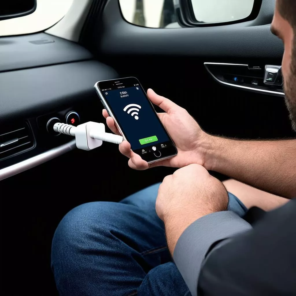 Man using a wifi hotspot in his car