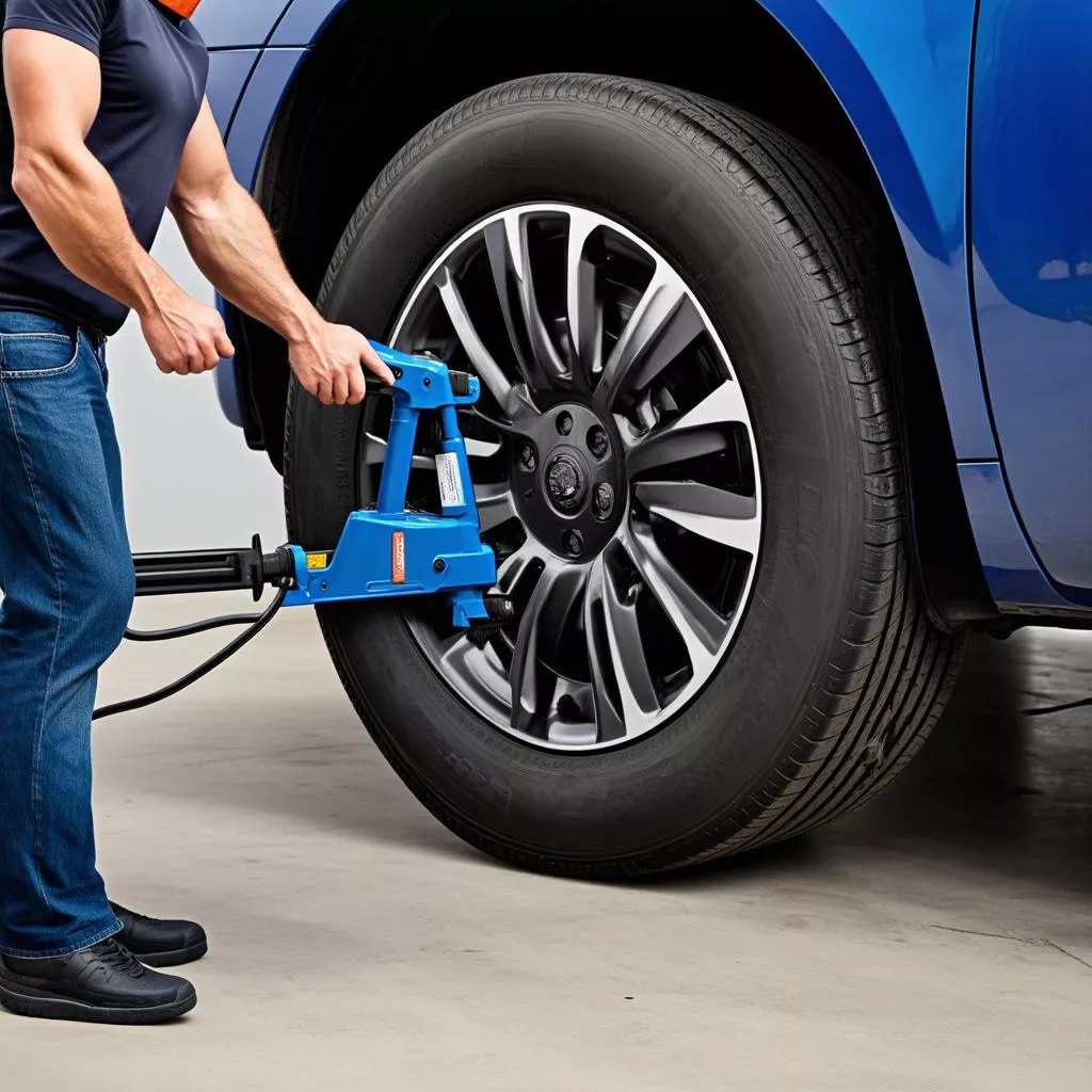 Man using an electric car jack to lift a car