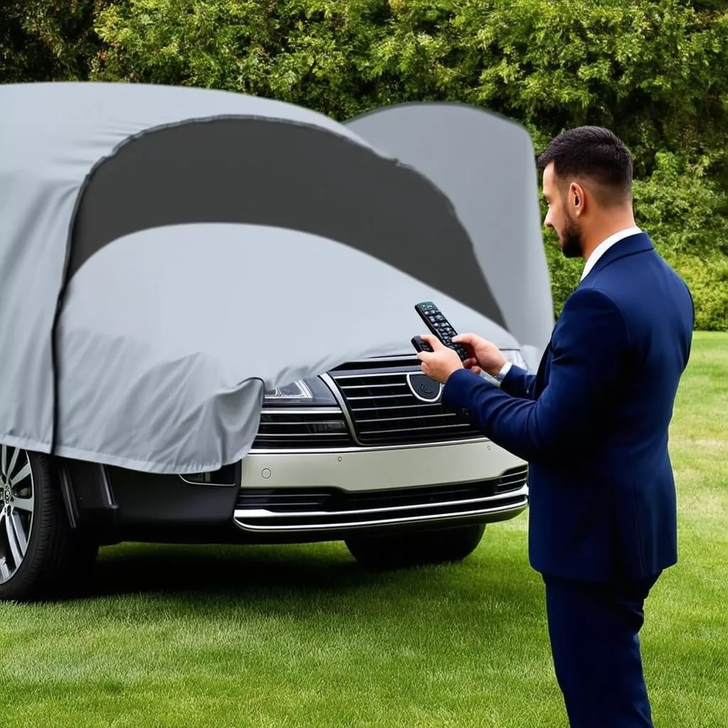 Người đàn ông đang sử dụng điều khiển để mở dù che ô tô