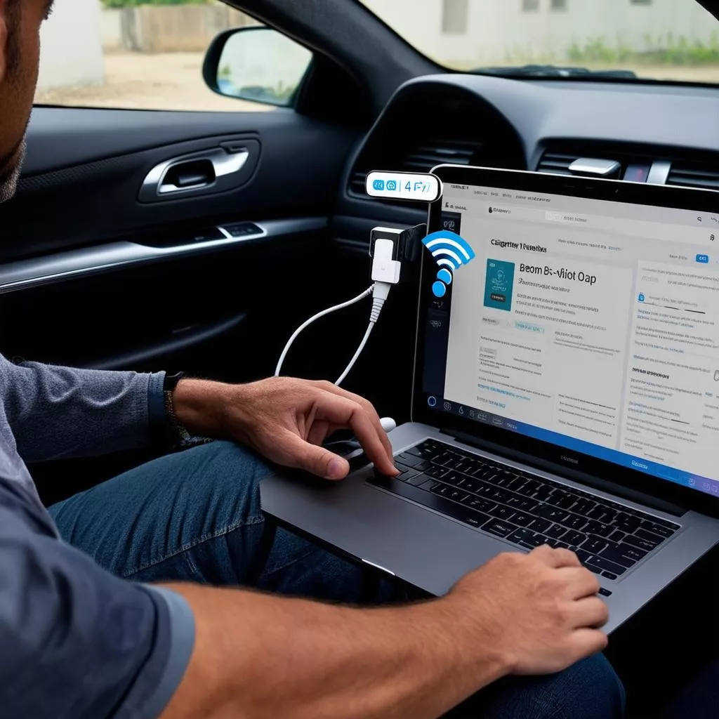 Người đàn ông đang sử dụng laptop kết nối wifi từ thiết bị phát sóng 4G trên ô tô